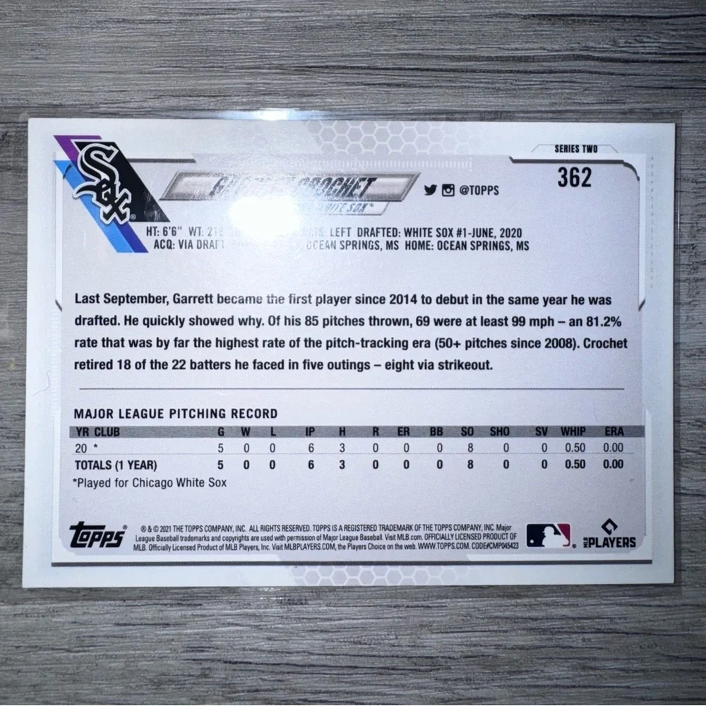 2021 Topps GARRETT CROCHET Employee Edition Rare card #362 CHICAGO WHITE SOX - Picture 3 of 4